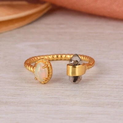 Anillo ajustable enchapado en oro de ópalo etíope y diamantes Herkimer de doble piedra para mujer Foto 1 de 4