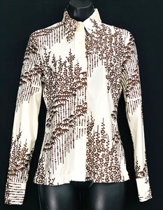 Vintage 1970s white graphic print shirt retro blouse bamboo floral brown - Picture 1 of 6