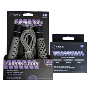 FITSTYLE© FITNESS SKIPPING ROPE & RESISTANCE BANDS SET - RETRO GREY UK FREE P&P - Picture 1 of 5