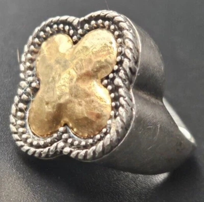 Phillip Gavriel Menegatti Italy Sterling Silver 18K Gold Hammer Clover Ring 3.5 - Image 1 of 4
