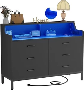 6 Drawer Dresser for Bedroom,Wooden Chest of Drawers with LED Lights and Outlets - Picture 1 of 18