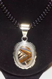 Vtg Navajo FRANCIS MELVIN Onyx Bead TIGER'S EYE Sterling Silver PENDANT NECKLACE - Picture 1 of 11