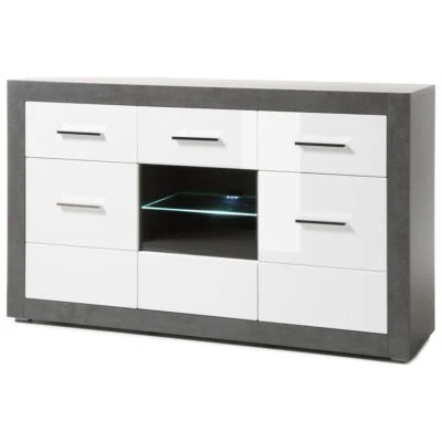 Sideboard Anrichte 164cm Beton Hochglanz weiß LED-Bleuchtung Wohnzimmer Kommode - Bild 1 von 4