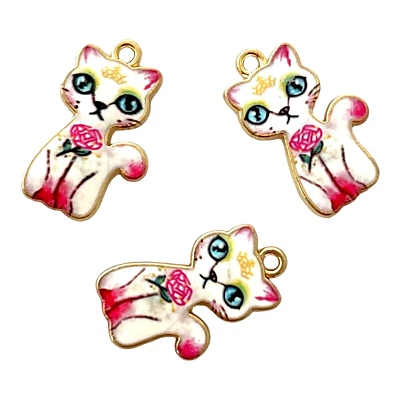 10 White Pink Enamel Kitty Cat Feline Gold Bead Drops 28mm Charms Pendants - Image 1 of 3