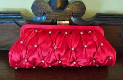 Red Evening Bag Purse Clutch Crossbody Nicole Lee Satin Pleated With Rhinestones - Image 1 of 4