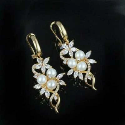 Estate Pearl Simulated Diamond Drop Earrings 14K Yellow Gold Plated Silver - Image 1 of 2