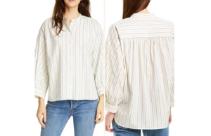 Joie Yoella gestreiftes Oberteil mit Knopfleiste Bluse Bandkragen Puff Ballonärmel SLarge - Bild 1 von 11