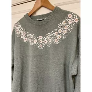 Vintage Cotton Grandma Knit Sweater Floral Detail Sage Green M Sweet Layer - Picture 1 of 6