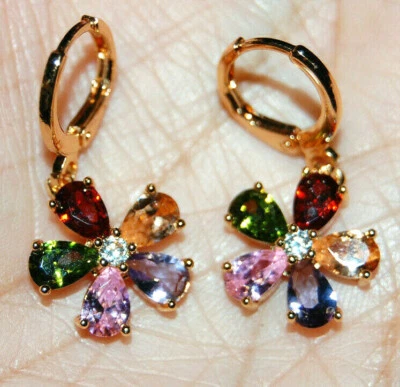 10K Yellow Gold Filled Hooks Hoops Huggies Earrings Flower Multi Gemstone Garnet - Image 1 of 4