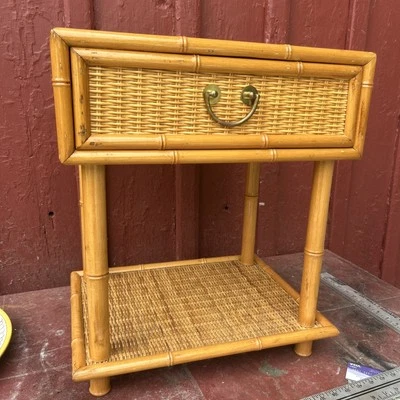 Split Bamboo 2 Tier Nightstand Table 1 Drawer Wicker Rattan Vintage 21x18x14 - Image 1 of 4
