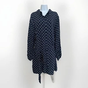 LADIES SHIRT TUNIC LONGLINE BELTED NAVY BLUE RAYON WOMEN SZ UK 16 L - Picture 1 of 8