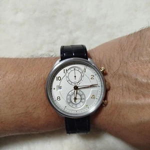 MASTER WORKS Automatic Chronograph Watch Silver Gold Stainless Steel Leather - Picture 1 of 10