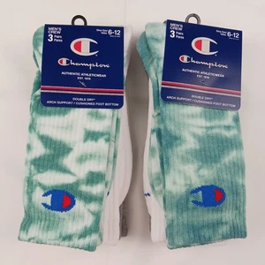2Pk Champion Mens Crew Socks 3 Pair Double Dry Cushioned Grn Tie Dye White Gray - Picture 1 of 14