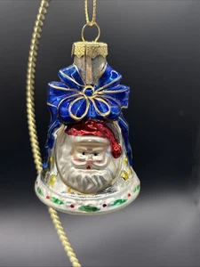 Vintage Hand Blown Glass Christmas Ornament Museum Series Bell Santa Blue - Picture 1 of 5