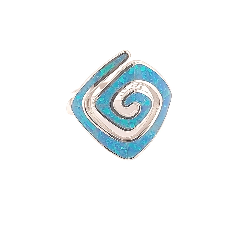 Anello in argento opale blu, design a spirale con chiave greca, anello di dic... - Immagine 1 di 4
