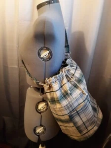 Plaid Retro Tote Double handle Bucket Shoulder Bag Purse Green Ivory Crossbody - Picture 1 of 12