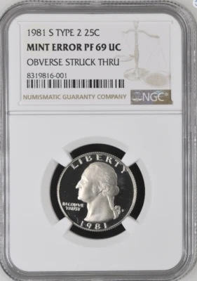 1981 S Type 2 Washington 25¢ NGC Mint Error PF 69 UC Obverse Struck Thru - Image 1 of 2