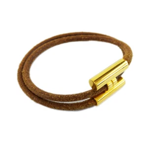 HERMES Tournis Tresse Wrap Bracelet Brown Leather Cord Gold Plated H Clasp Auth - Picture 1 of 10
