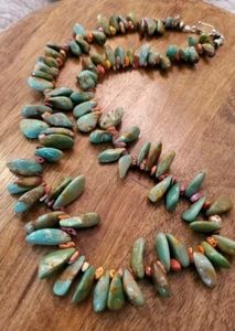 Green Turquoise & Spiny Oyster Navajo Sterling Silver Necklace - Picture 1 of 7