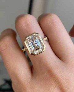 Bezel Set 2.54 CT Sterling Silver Emerald Cut Moissanite Wedding Ring For Women - Picture 1 of 5