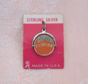 Vintage FLORIDA ORANGE Sterling Silver Enamel SPINNER Charm - Picture 1 of 3