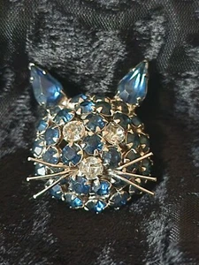 Vintage signierte Joseph Warner Katze Kätzchen Kopf Brosche lebendige blaue Steine - Bild 1 von 2