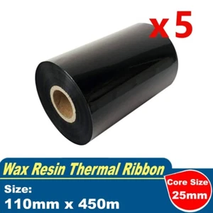 5 Rolls Wax Resin 110mm x 450m Thermal Transfer Ribbon Black - Picture 1 of 2