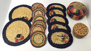 Lote de 16 piezas de posavasos vintage teñidos de mimbre de hierba dulce con tapa de ratán decoración - Imagen 1 de 18