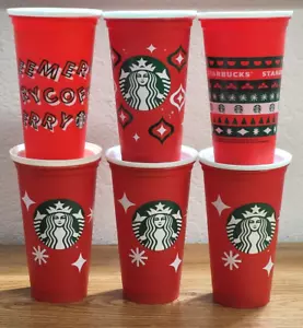 6 Stück Starbucks Holiday Christmas Cheer Rot Tasse Deckel Limited Edition Wiederverwendbar - Bild 1 von 9