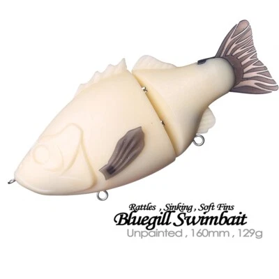 2PCS 16CM 129G Bluegill Soft Tail Swimbait DIY Unpainted Bait Blank Fishing Lure - Image 1 of 4