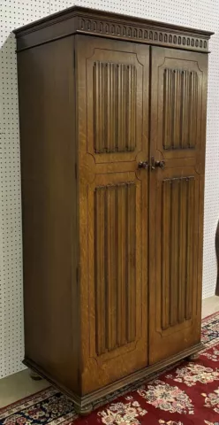 Antique English Two Door Linen Fold Oak Wardrobe circa 1920 Cover