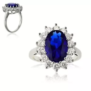 Sterling Silver Oval Blue Sapphire and Clear CZ Large Engagement Ring - Picture 1 of 1