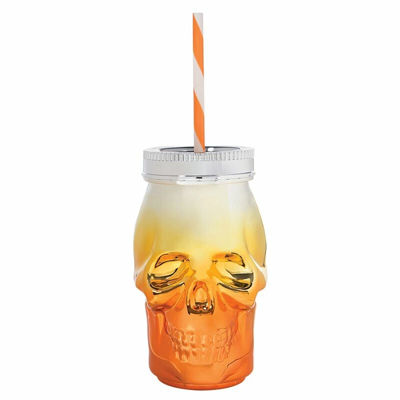 Skull Shapped Sipper Lidded Tumbler w/ Straw Orange Candy Corn 16 oz Acrylic - Image 1 of 1
