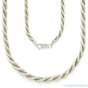 Heavy Rope & Box Link .925 Sterling Silver 14k Gold-Plated Twist-Chain Necklace - Picture 1 of 1
