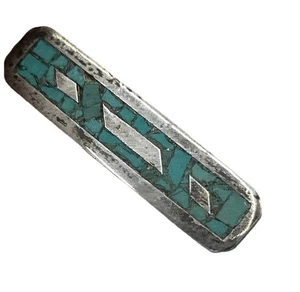 Vtg Sterling Silver Mexico Tie Clip Inlaid Turquoise Rectangular 1.5" signed - Picture 1 of 9