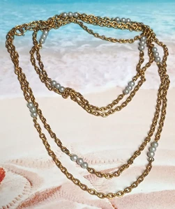 Gold Tone Chain Long Strand Necklace with Sections of Small Round Faux Pearls - Picture 1 of 11