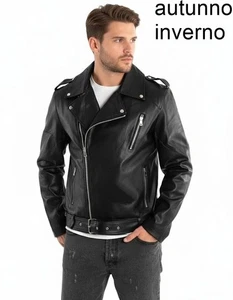Chiodo uomo Giacca di eco Pelle Giubbotto in biker moto Giubbino Nero Con zip - Foto 1 di 8