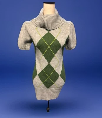 VTG Maurices Argyle Knit Sweater Knit Dress Turtleneck Puff Sleeve Y2K Preppy M - Image 1 of 4
