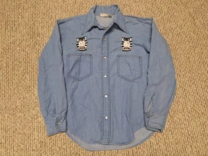 Camicia vintage anni 70 DeGeorge denim ricamo Western Mexico a scatto gufo natura animale - Foto 1 di 8