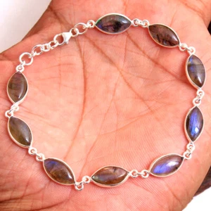 Labradorite Gemstone 925 Solid Sterling Silver HANDMADE Solid Jewelry Bracelet - Picture 1 of 4