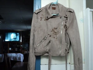 POL Beige Jacket Blazer Bohemian Size Med Zippered Embroidered Flowers Very Soft - Picture 1 of 4