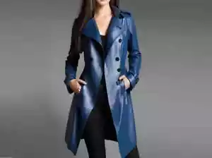 Women Navy Blue Leather Trench Coat Lambskin Stylish Double-Breasted Long Jacket - Picture 1 of 4