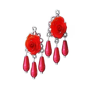 Earrings red rose and pearl chandelier, choose clip on or pierced fittings - Picture 1 of 5