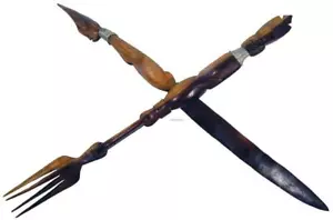 African Kenyan Serving Knife Fork Tribal Carved Wood Set 38 cm Length - Bild 1 von 16