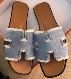 Size 38.5EU NEW HERMÈS Bleu Clair DENIM Fringe Oran Sandals - Picture 1 of 24