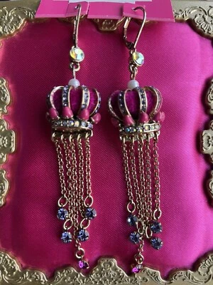 Betsey Johnson Imperial Princess Velvet Crystal Royal Crown Jewel Earrings RARE - Image 1 of 3