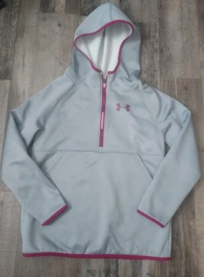 Under Armour Hoodie Girl's Size Large Gray Pink 1/2 Zip Sweatshirt Youth Storm - Image 1 of 4