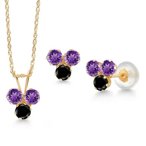 14K Yellow Gold Amethyst and Black Diamond 3 Stone Pendant Earrings Set For - Picture 1 of 3
