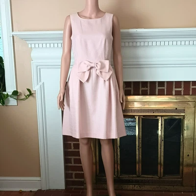 Tahari -Levine Pink  Retro Dress 8 Sleeveless Pleated Bow Front Side Pockets - Image 1 of 4