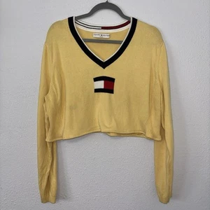 Vintage Y2K Tommy Hilfiger 1X Women's VNeck Crop Logo Sweater Rare Cotton - Picture 1 of 3